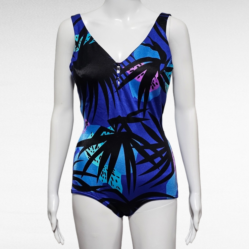 Vintage Maxine Of Hollywood 80s Blue  Tropical One Piece Swimsuit Size 12